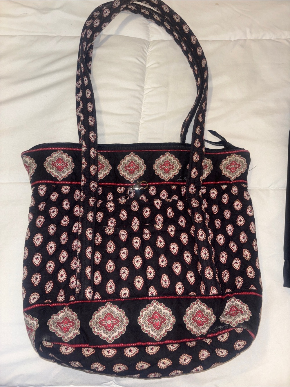 Vera Bradley Black Quilted Tote with Pink and Cream Medallions